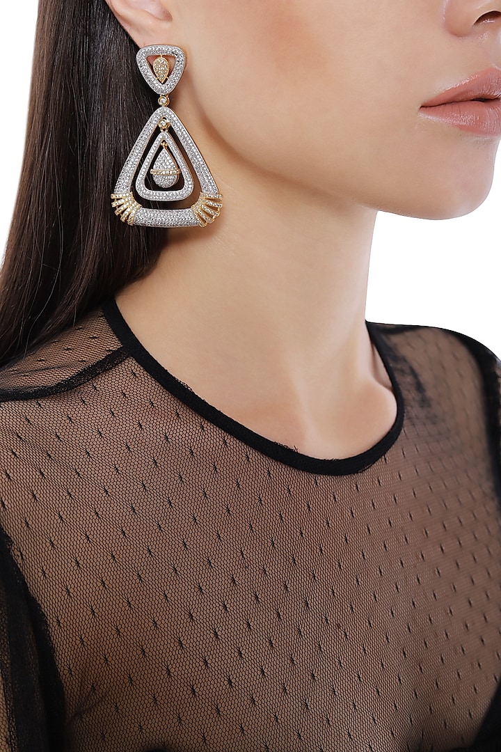 Rhodium Plated Triangle Shaped American Diamond Earrings by Auraa Trends