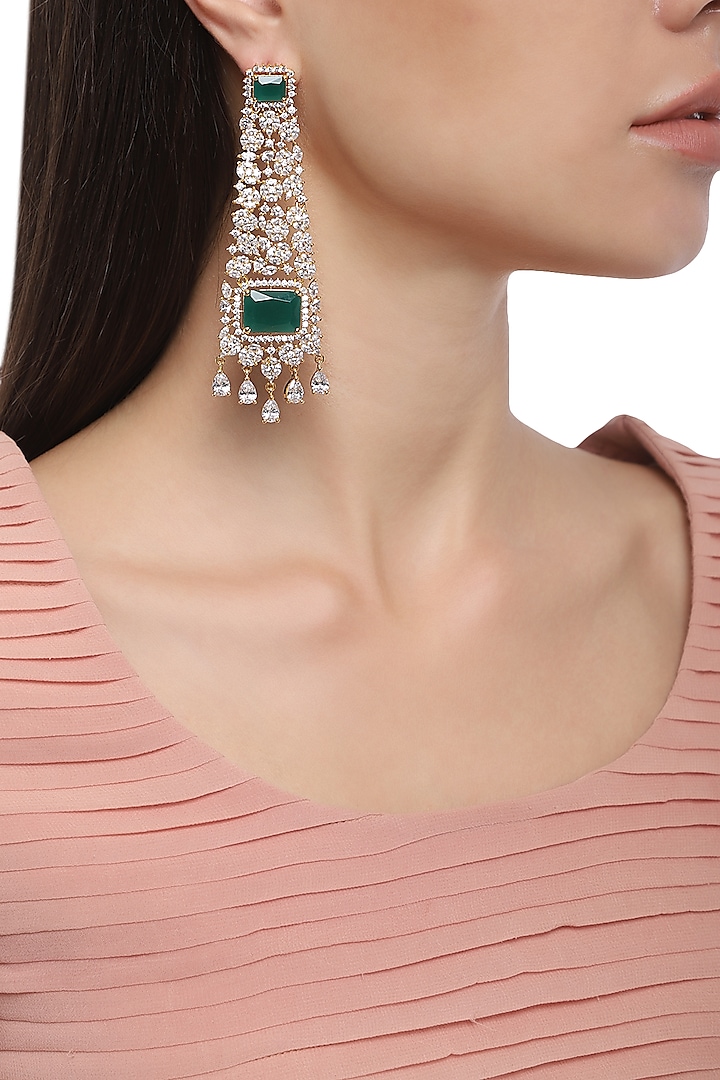 Rhodium Plated American Diamond and Green Semi Precious Stone Earrings by Auraa Trends