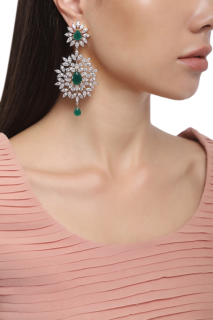 Rhodium Plated Green Semi Precious and American Diamond Earrings by Auraa Trends