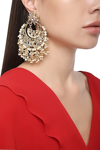 Gold Plated Crescent Shaped Kundan Earrings by Aura Trends