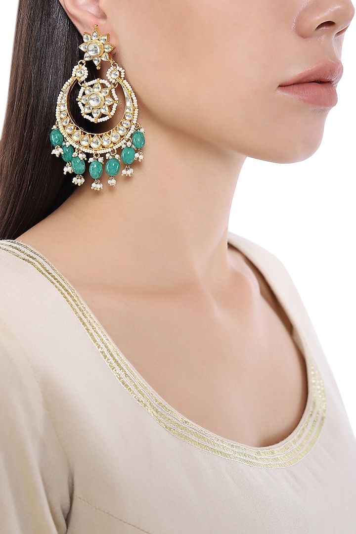 Gold Plated White and Turquoise Blue Semi Precious Stones Earrings by Auraa Trends