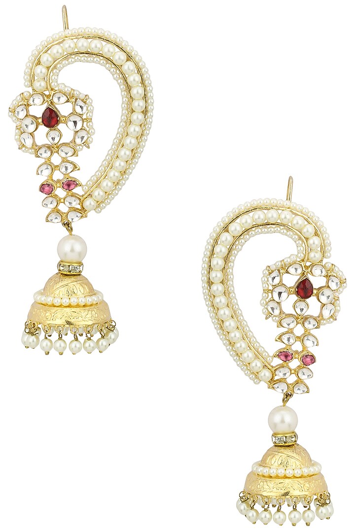Auraa Trends presents Gold plated kundan, pearls and red stone jhumki earrings available only at Pernia's Pop Up Shop.