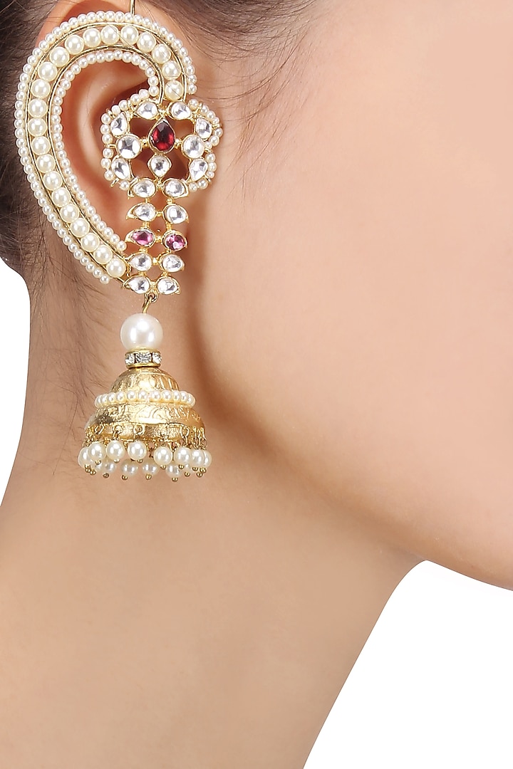 Gold Plated Kundan, Pearls and Red Stone Jhumki Earrings by Auraa Trends