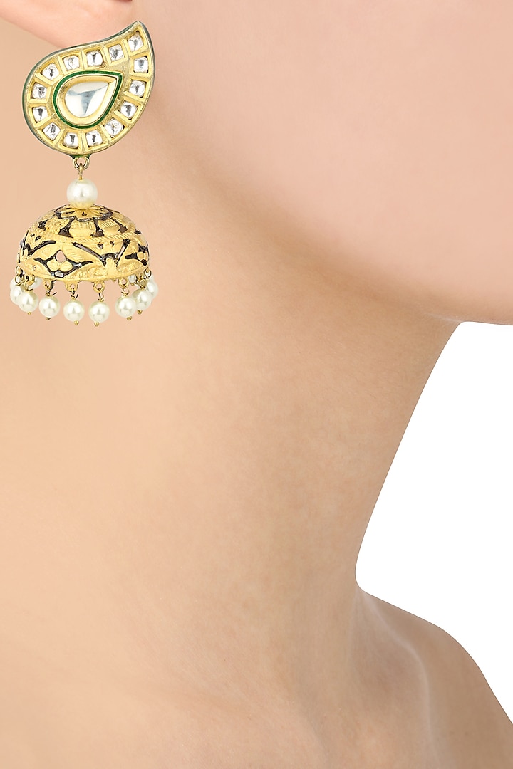 Gold Plated Kundan Studded Earrings by Auraa Trends