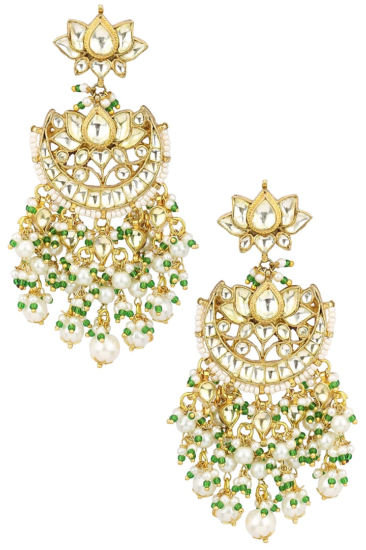 Auraa Trends presents Gold plated kundan and green beads crescent earrings available only at Pernia's Pop Up Shop.