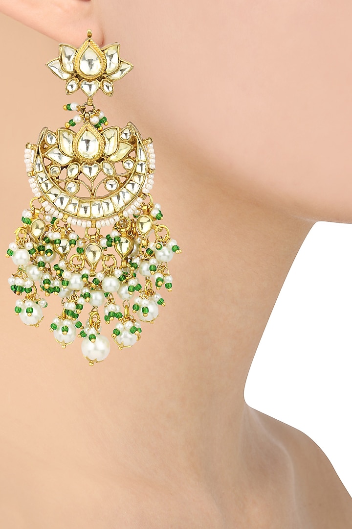 Gold Plated Kundan and Green Beads Crescent Earrings by Auraa Trends
