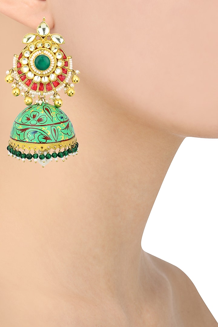 Gold Plated Kundan and Multicolor Stone Chandbali Earrings by Auraa Trends