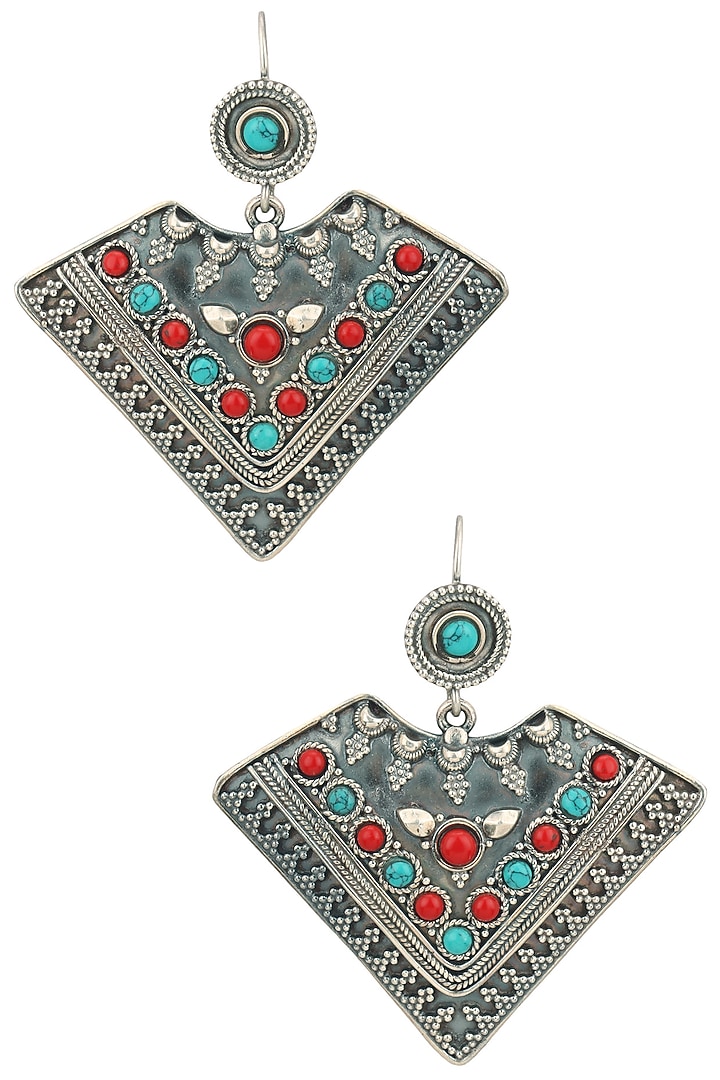 Auraa Trends presents Antique silver finish turquoise and red beads fish hook earrings available only at Pernia's Pop Up Shop.