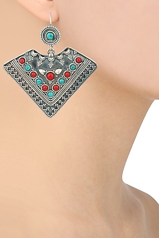 Antique Silver Finish Turquoise and Red Beads Fish Hook Earrings by Aura Trends