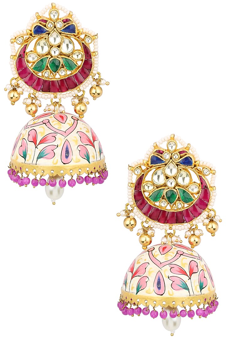 Auraa Trends presents Gold plated kundan and multicolor stone chandbali earrings available only at Pernia's Pop Up Shop.