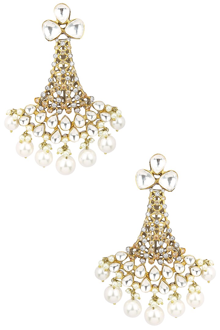 Auraa Trends presents Gold plated kundan and pearl drop chandlier earrings available only at Pernia's Pop Up Shop.