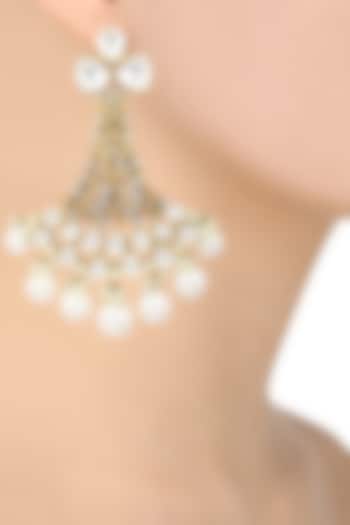 Gold Plated Kundan and Pearl Drop Chandlier Earrings by Auraa Trends