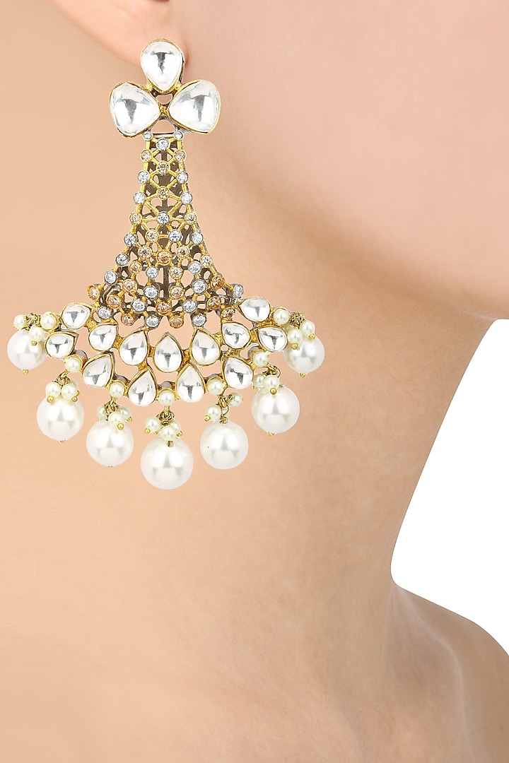 Gold Plated Kundan and Pearl Drop Chandlier Earrings by Auraa Trends