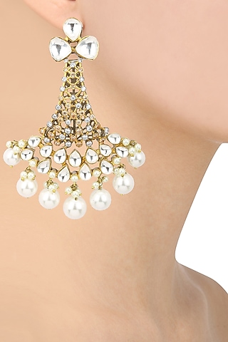 Gold Plated Kundan and Pearl Drop Chandlier Earrings by Aura Trends