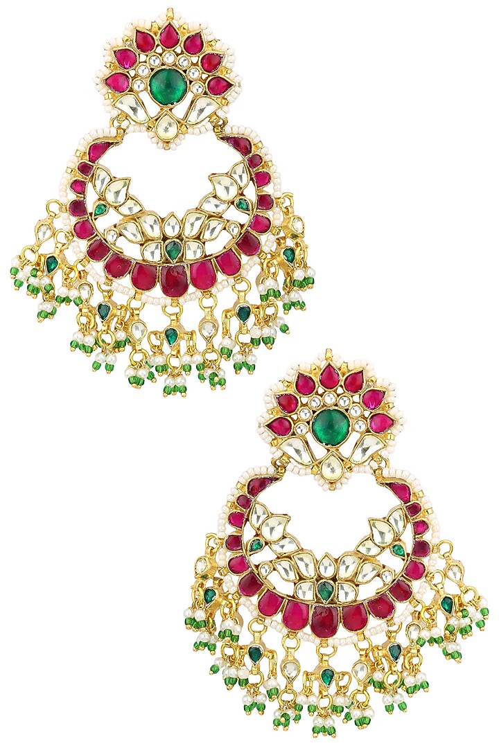 Auraa Trends presents Gold plated kundan and red stone chandbali earrings available only at Pernia's Pop Up Shop.