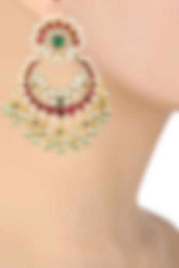 Gold Plated Kundan and Red Stone Chandbali Earrings by Auraa Trends