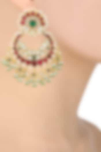 Gold Plated Kundan and Red Stone Chandbali Earrings by Auraa Trends