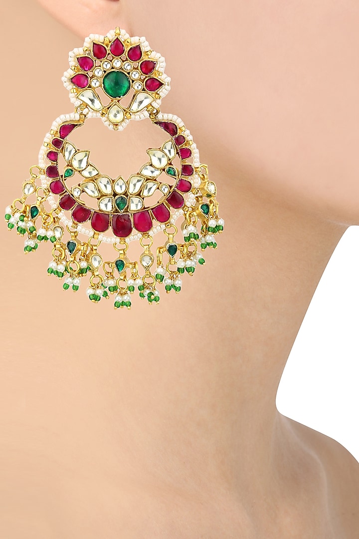 Gold Plated Kundan and Red Stone Chandbali Earrings by Auraa Trends