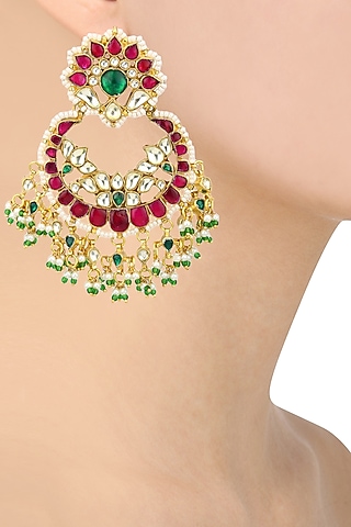 Gold Plated Kundan and Red Stone Chandbali Earrings by Aura Trends