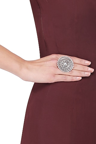 Antique Silver Finish Round Flower Ring by Auraa Trends Silver Jewellery