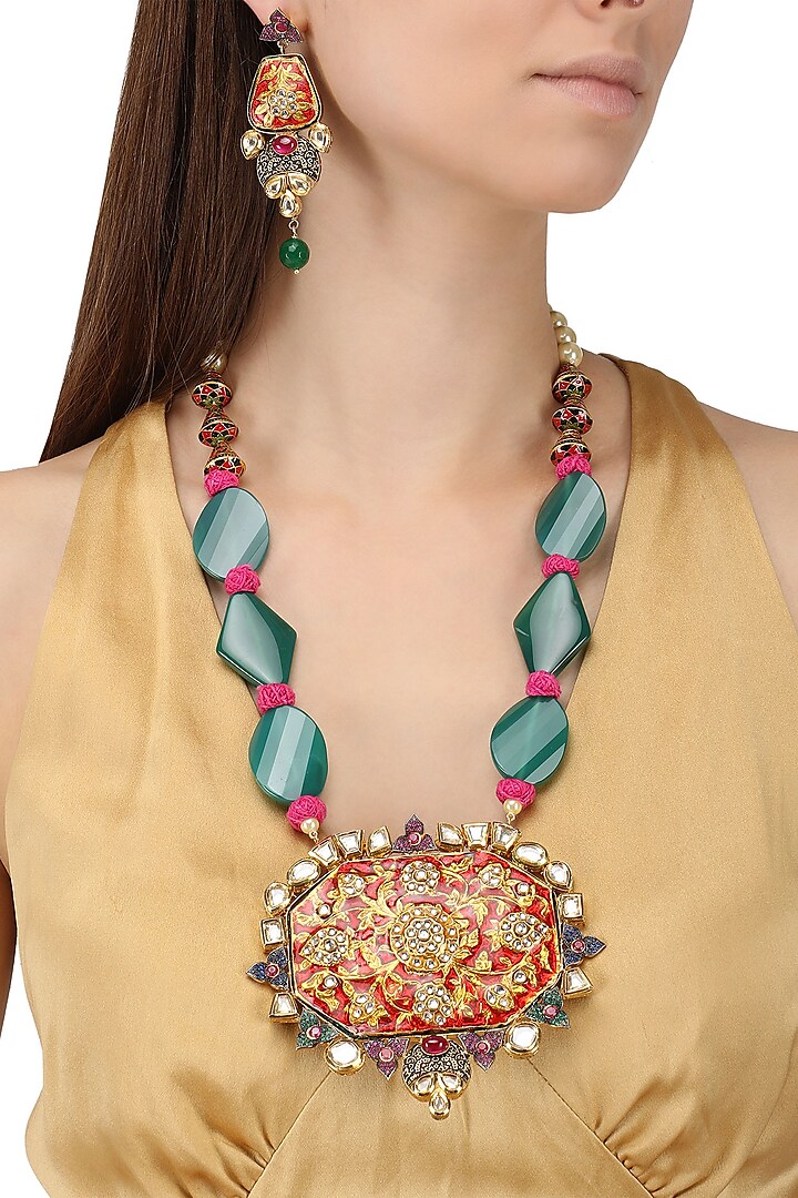 Gold Plated Kundan and Enameled Necklace Set by Auraa Trends