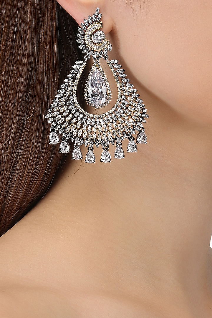 Rhodium Finish Oxidized American Diamond Earrings by Auraa Trends