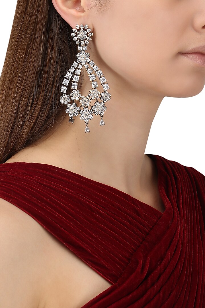 Rhodium Plated American Diamonds Flower Earrings by Auraa Trends
