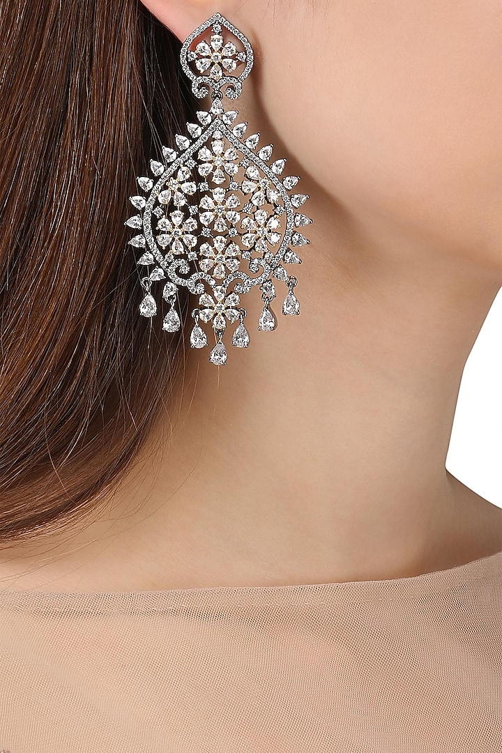 Rhodium Plated Flower Earrings by Auraa Trends
