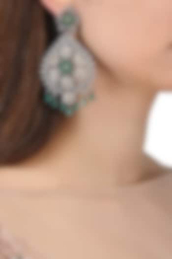 Rhodium Plated American Diamonds and Emerald Semi Precious Stone Earrings by Auraa Trends