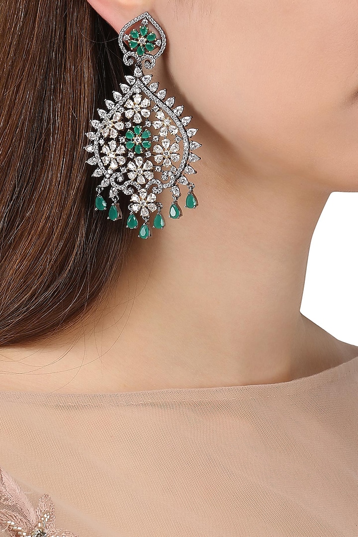Rhodium Plated American Diamonds and Emerald Semi Precious Stone Earrings by Auraa Trends