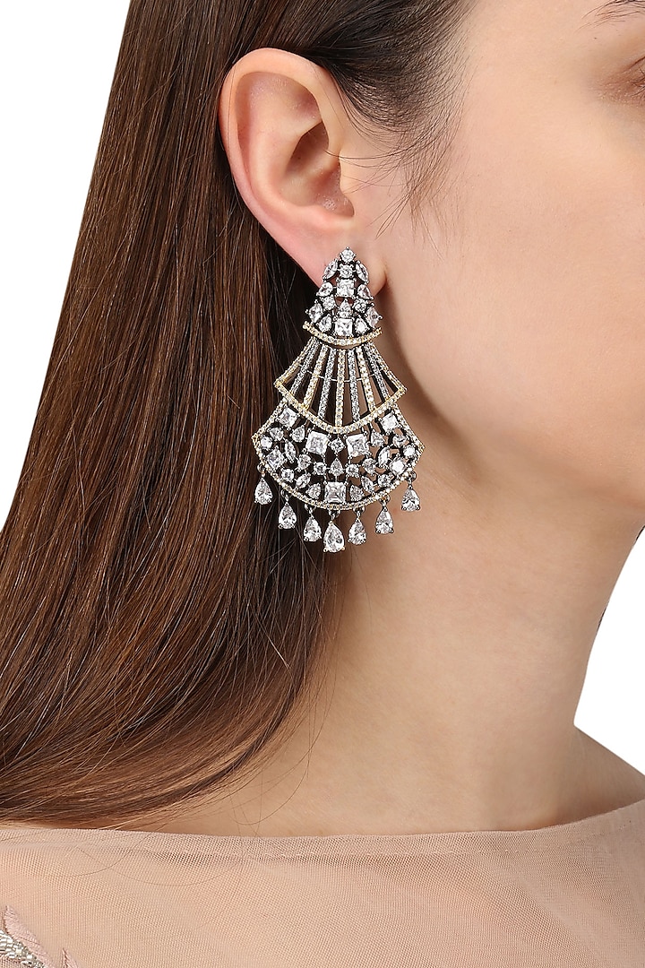 Rhodium Plated American Diamonds Tiered Earrings by Auraa Trends