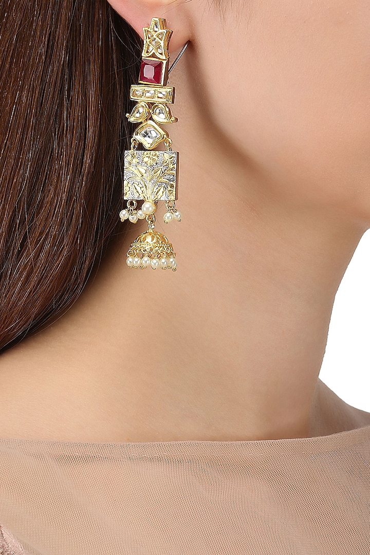 Gold Plated Kundan and Semi Precious Stone Textured Earrings by Auraa Trends