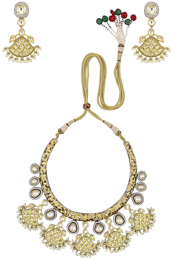 Auraa Trends presents Antique gold finish kundan studded hasli necklace available only at Pernia's Pop Up Shop.