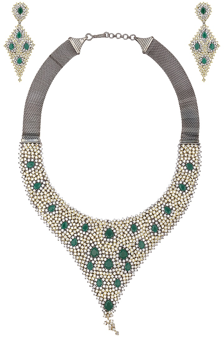 Auraa Trends presents Gold and Antique finish Diamond and Emerald Necklace Set available only at Pernia's Pop Up Shop.