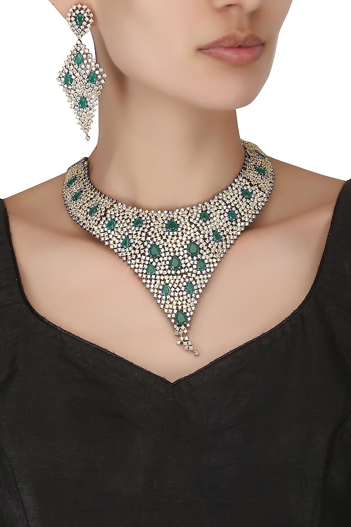 Gold and Antique Finish Diamond and Emerald Necklace Set by Auraa Trends