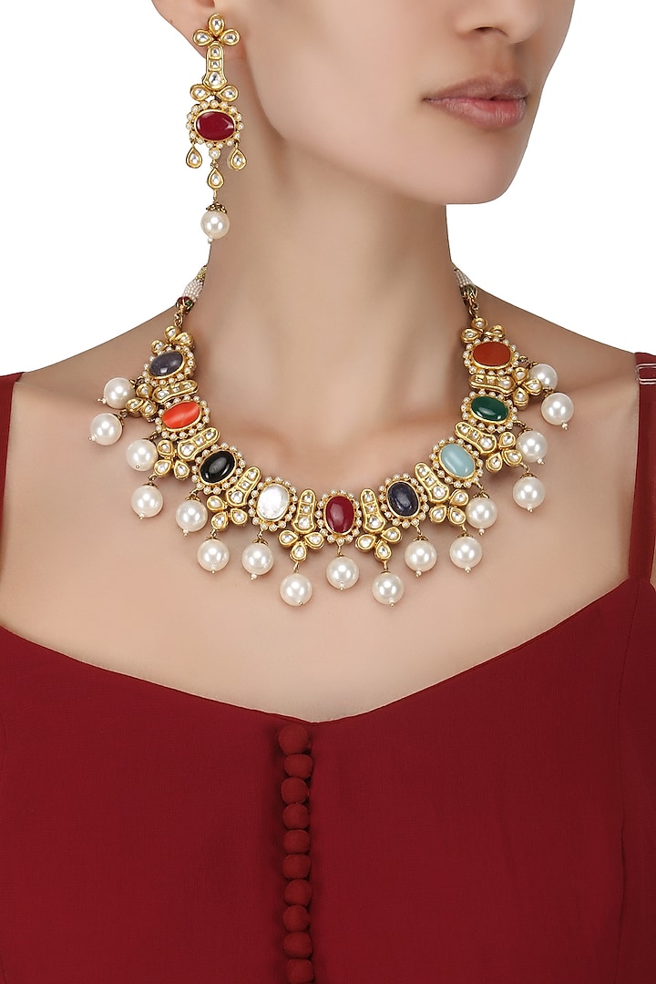 Gold Finish Kundan and Pearls Navratna Neckalce Set by Auraa Trends