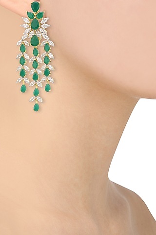 Gold Finish Emerald and Diamond Drop Earrings by Auraa Trends