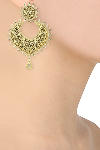 Gold Finish Textured Chandbali Earrings by Auraa Trends