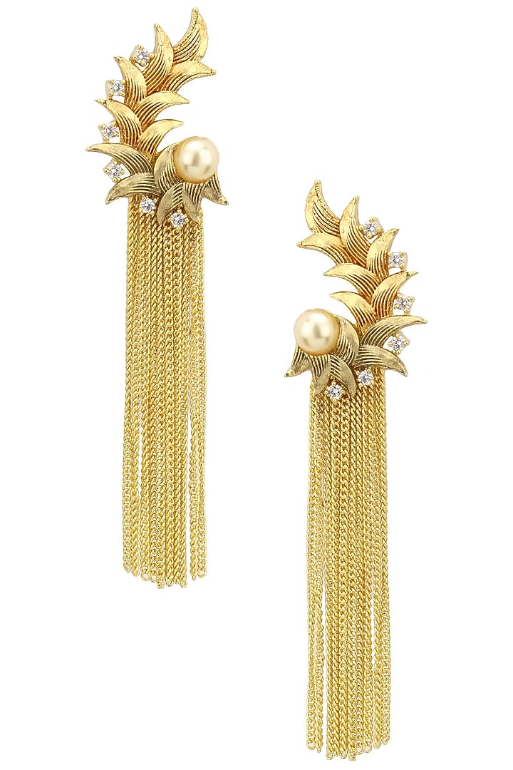 Auraa Trends presents Antique Gold finish textured Tassle Earring available only at Pernia's Pop Up Shop.