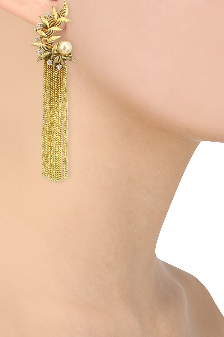 Auraa Trends presents Antique Gold finish textured Tassle Earring available only at Pernia's Pop Up Shop.