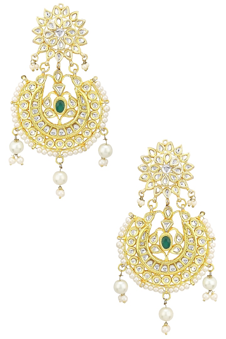 Auraa Trends presents Gold finish Kundan and Pearls studded Chandbali earrings available only at Pernia's Pop Up Shop.
