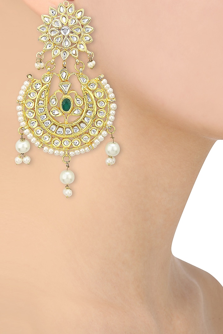 Gold Finish Kundan and Pearls Studded Chandbali Earrings by Auraa Trends