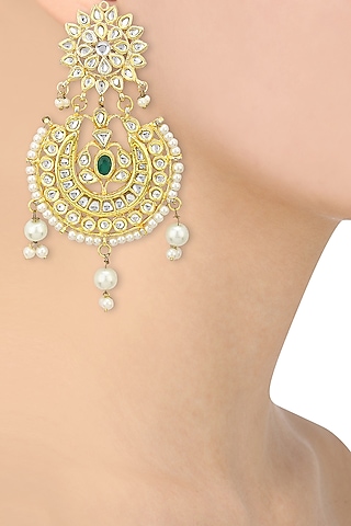 Gold Finish Kundan and Pearls Studded Chandbali Earrings by Auraa Trends