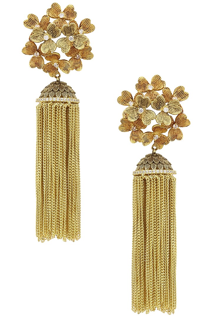 Auraa Trends presents Gold finish textured Tassle Earrings available only at Pernia's Pop Up Shop.