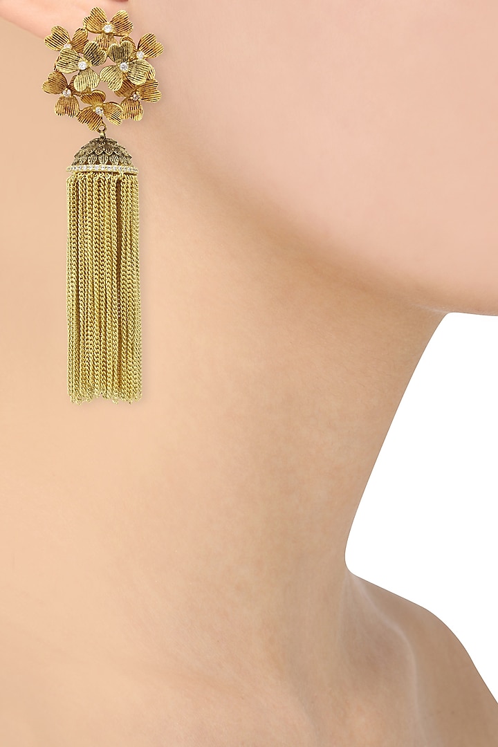 Gold Finish Textured Tassle Earrings by Auraa Trends