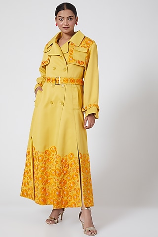 Yellow Embroidered Overcoat by Ava Designs