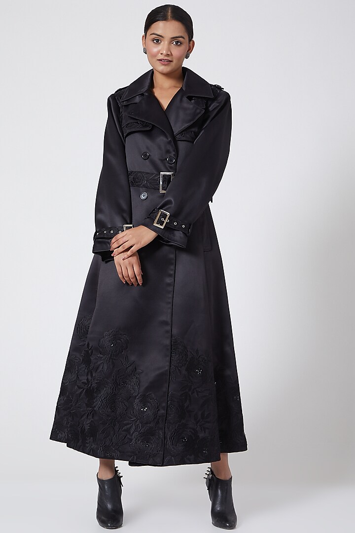 Black Embroidered Overcoat by Ava Designs