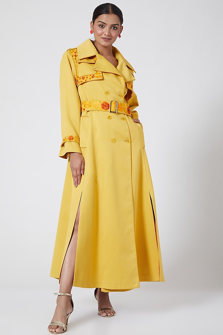 Yellow Embroidered Overcoat With Belt by Ava Designs