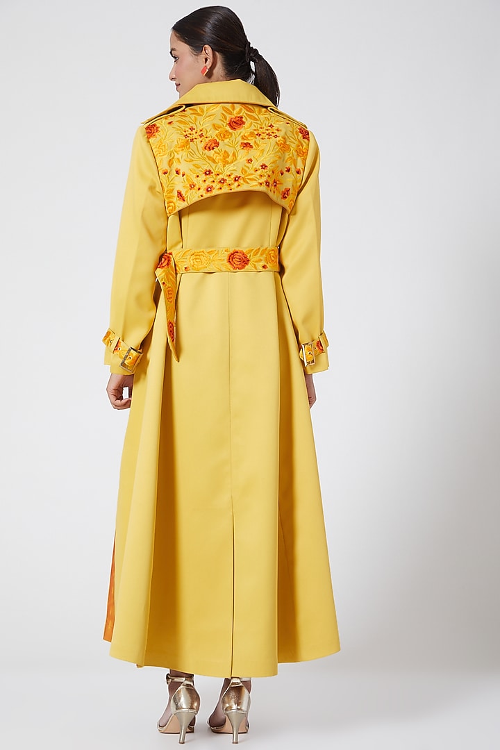 Yellow Embroidered Overcoat With Belt by Ava Designs at Pernia's Pop Up Shop