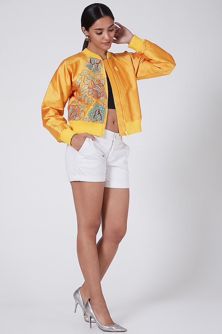 Yellow Embroidered Bomber Jacket by Ava Designs at Pernia's Pop Up Shop